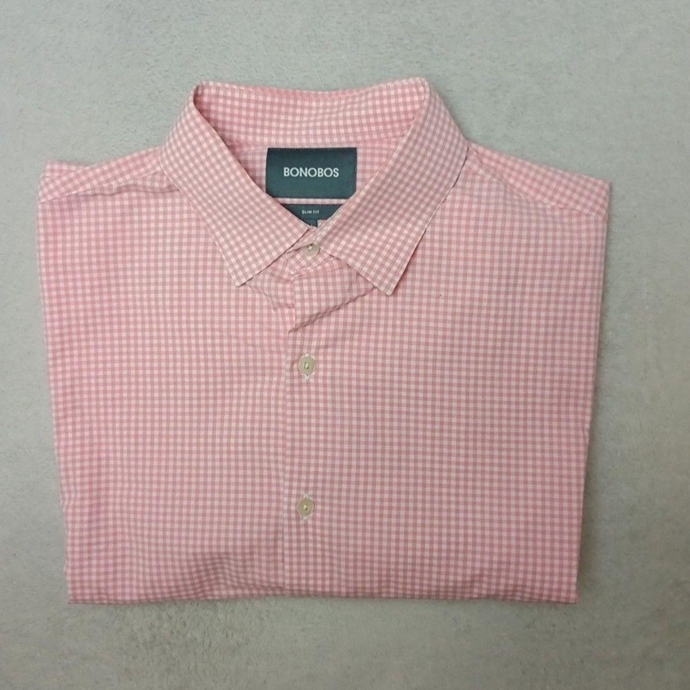 Bonobos Shirt Mens M Pink Gingham Slim Button-Up Point Collar Long Sleeve Work